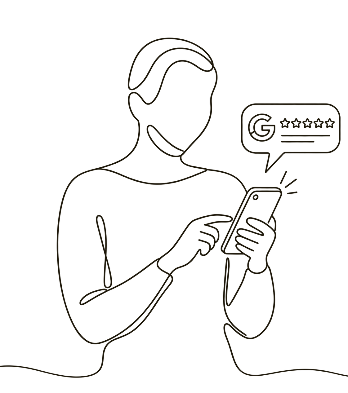 Strichzeichnung: Ein Gast tippt auf sein Handy, daneben eine Sprechblase mit dem Google-Zeichen und fünf Sternen.